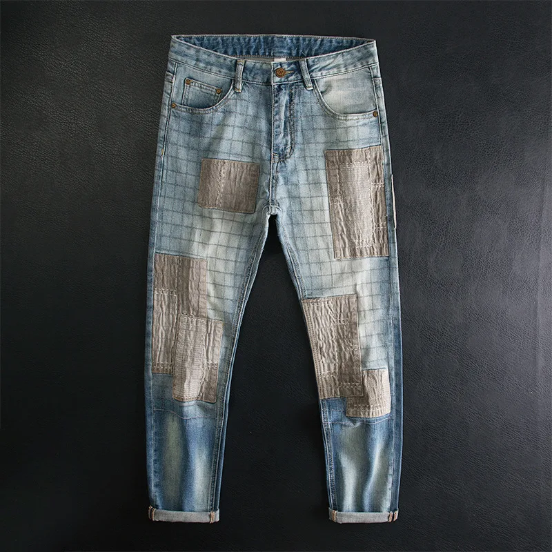 

Gradient contrasting patch denim jeans with men's slim fit, elastic mesh, fashionable design, denim long pants