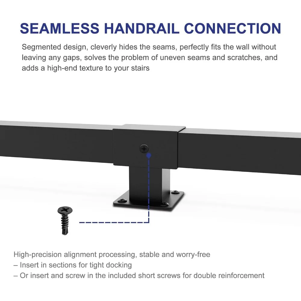 درابزين سلالم داخلي، درابزين أنبوبي مربع أسود غير لامع، سعة 500 رطل، مثبت على الحائط، ميزة أمان صناعية غير قابلة للانزلاق #4