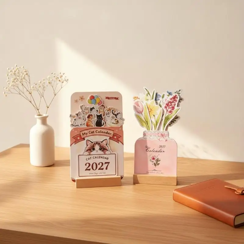 2027 Cute Cat Desk Calendar Wooden Base 12 Painting Art Cards Daily Monthly Planner Decor For Office Home School