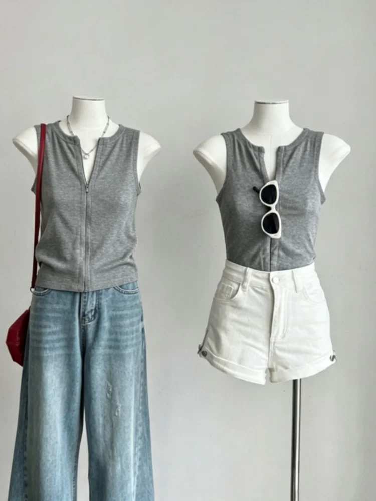 Women's Slim Fit Sleeveless Vest 95 Cotton Halfl Zip Crop Top Casual Wear High Elasticity U-Neckline Inner And Outer Wear