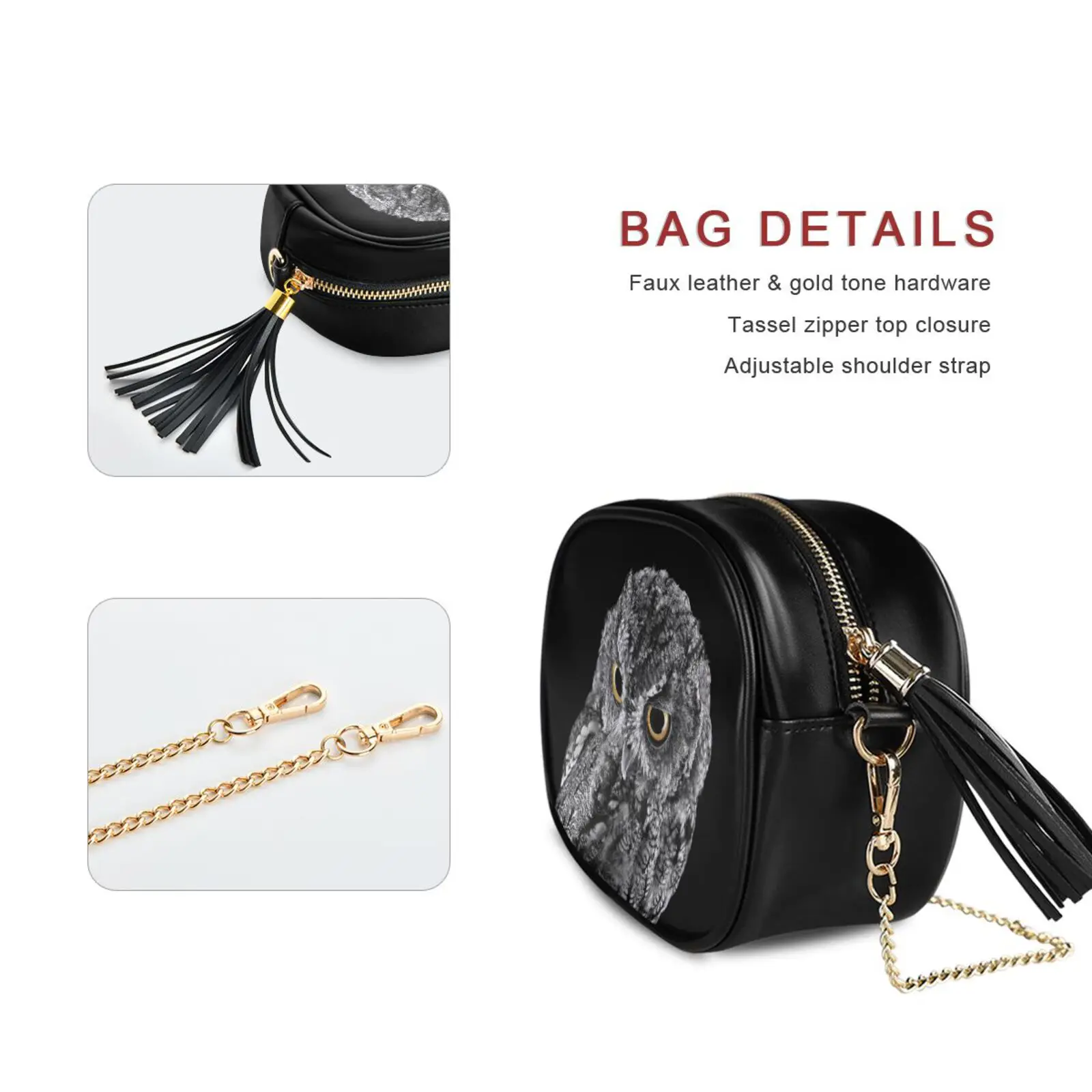 Fashion Crossbody bag Women's Chain Shoulder Bag PU leather Black owl print Handbag Females Mobile phone bag Shopping Bag New