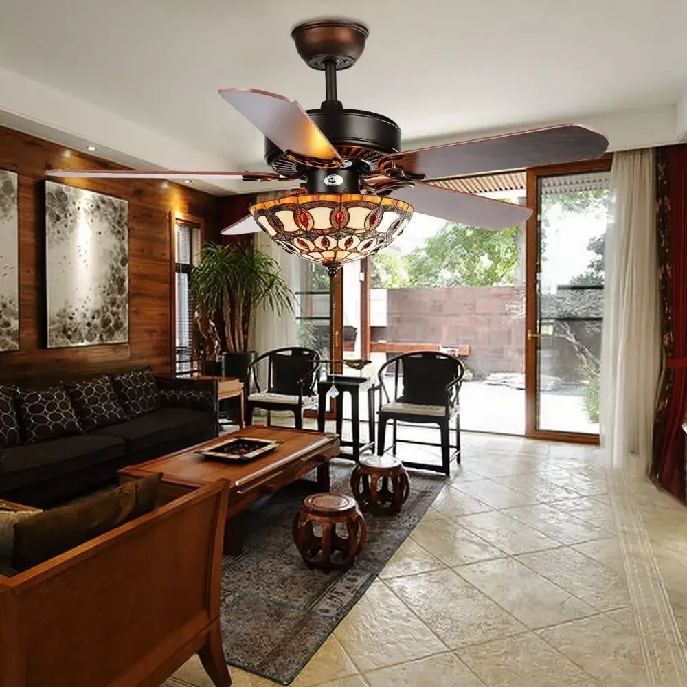 

Retro Restaurant Ceiling Fan With Light Colored Glass Ceiling Fan Home Remote Control Wooden Leaf high Wind Ceiling Fan Light