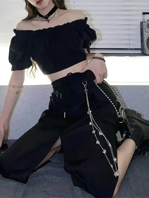 2025 New Spring Autumn Women Skirt Fashion Korean Style Black Long Skirts With Chain Side Slit Hip Hop Streetwear Plus Size 5MQY