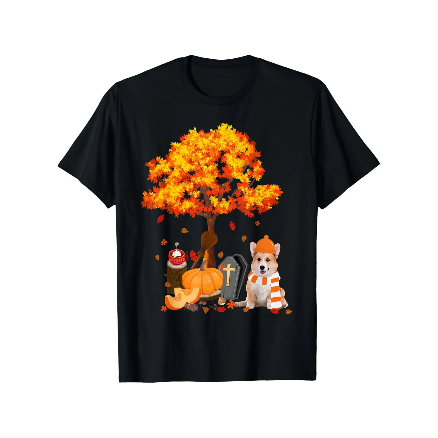 Autumn Corgi Pumpkin Fall Tree Halloween Grave Graphic Tee Shirt Casual Cotton T-Shirt