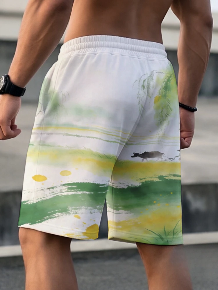 Casual Elastic Drawstring Shorts for Men Traditional Chinese Ink  Loose Lightweight 2026 Athletic Pants Holiday Summer Bottoms