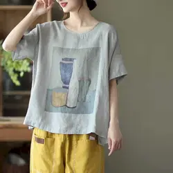 Cotton Linen T Shirts Women Fashion Vintage Art Printed T-shirt Casual Loose Short Sleeve Pullover Tops 2025 Summer Thin Tshirt