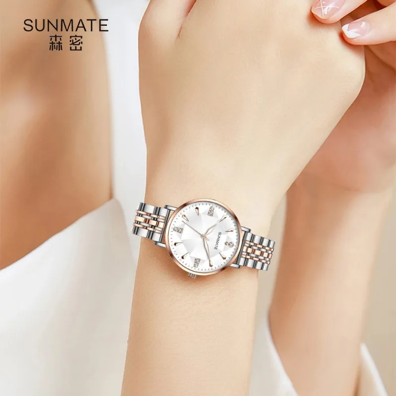 ساعة نسائية رسمية بسيطة من الفولاذ المقاوم للصدأ مقاومة للماء كوارتز ساعة ماسية فاخرة ساعة نسائية عصرية بمينا أبيض وأخضر ووردي #1