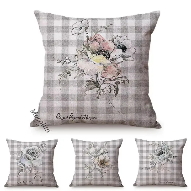 Bouquet Geometric Lattice Style Sketch Garden Decorative Throw Pillow Case Nordic Painting Simple Sofa Cushion Cover almofadas
