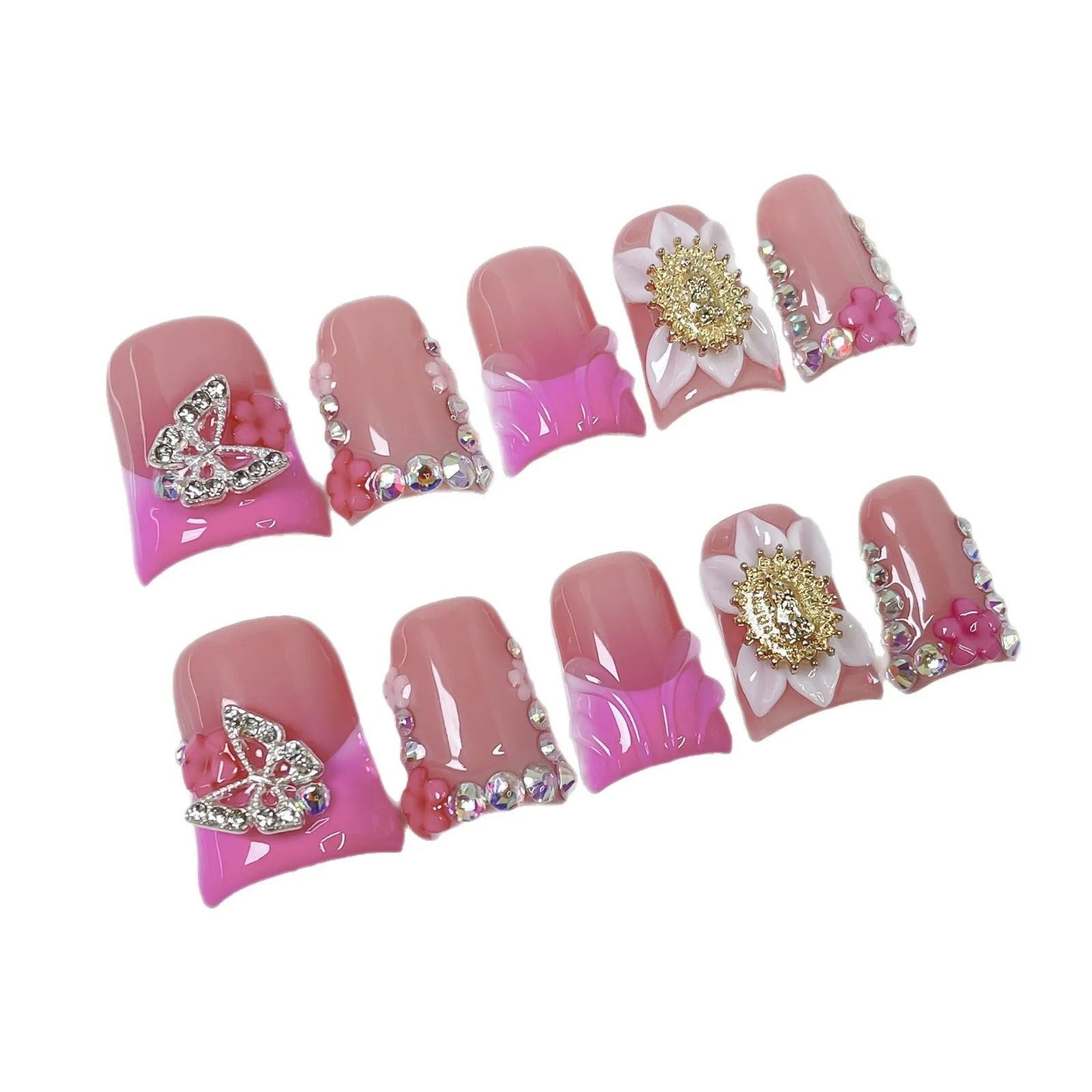 10 Stück handgemachte Duckbilled French Press on Nails 3D Green Flower Design Fake Nails Wearable European Spice Girls Falsche Nägel