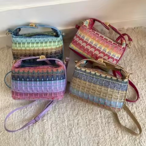Colorful Woven Crossbody Shoulder Bag,Rainbow Contrast Color Grid Ethnic Style Women Sling Bag,Boho Raffia Straw Clutch Purse