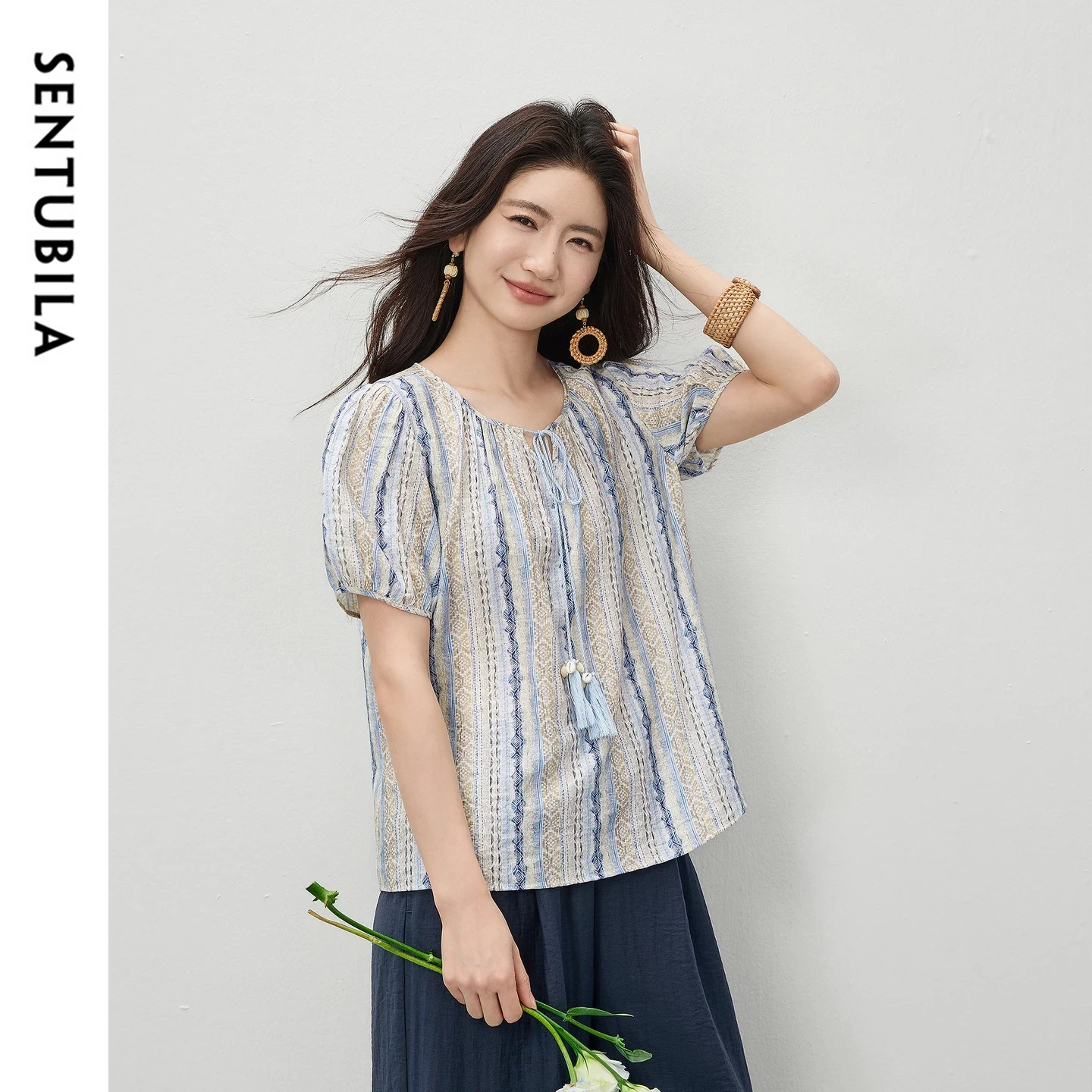

SENTUBILA Women's Bohemian Print Chiffon Blouse Casual Vacation Round Neck Shell Tassel Tie Puff Sleeve Straight Shirt 162VB5907
