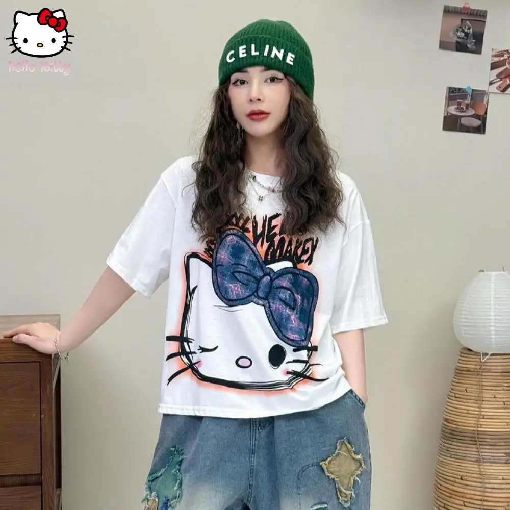 

Высококачественные топы из чистого хлопка с рисунком Hello Kitty, весна-лето, рубашка с короткими рукавами и принтом, женские свободные универсальные футболки с графическим рисунком