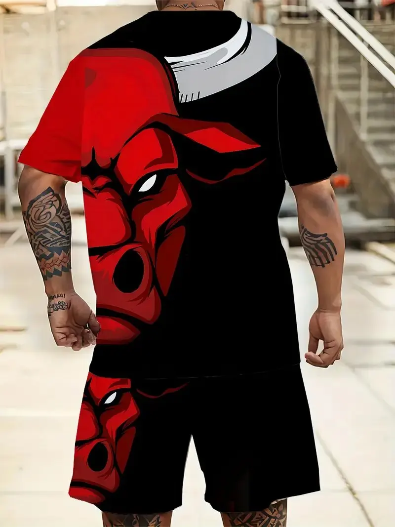

Men's Suit Sportswear Men's Cartoon Bull Head Short-Sleeved T-Shirt And Sports Elastic Breathable Shorts Outdoor Street Style