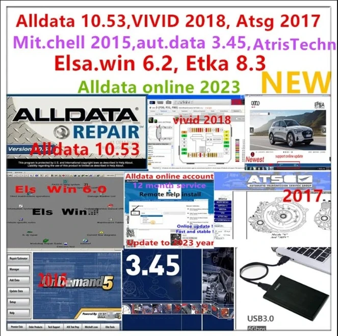 Alldata-software en línea de reparación de automóviles, software de 2023 años, Alldata 2014, 3,45 autodata, mit chell 2015, elsawin 6,0, etka 8,3, Stakis Technik 2018