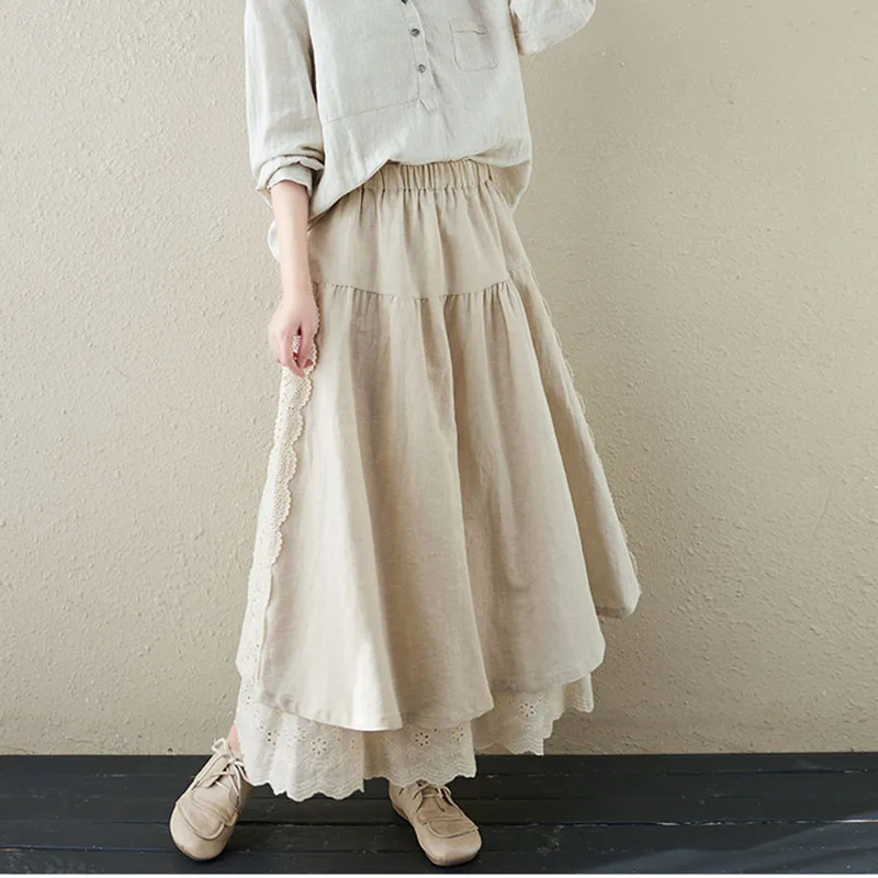 

2023 New Women Skirts Linen Lined Lace-up Skirt Mori Heavy Industry Embroidery Elastic Waist Long A Sweet Skirt Simple Elegant