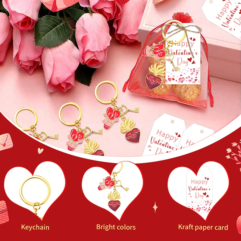 6 مجموعات من هدايا عيد الحب للأزواج، 6 سلسلة مفاتيح على شكل قلب، 6 علامات ملصقات للهدايا، 6 أكياس أورجانزا حمراء، هدايا تبادل الزوجين #3