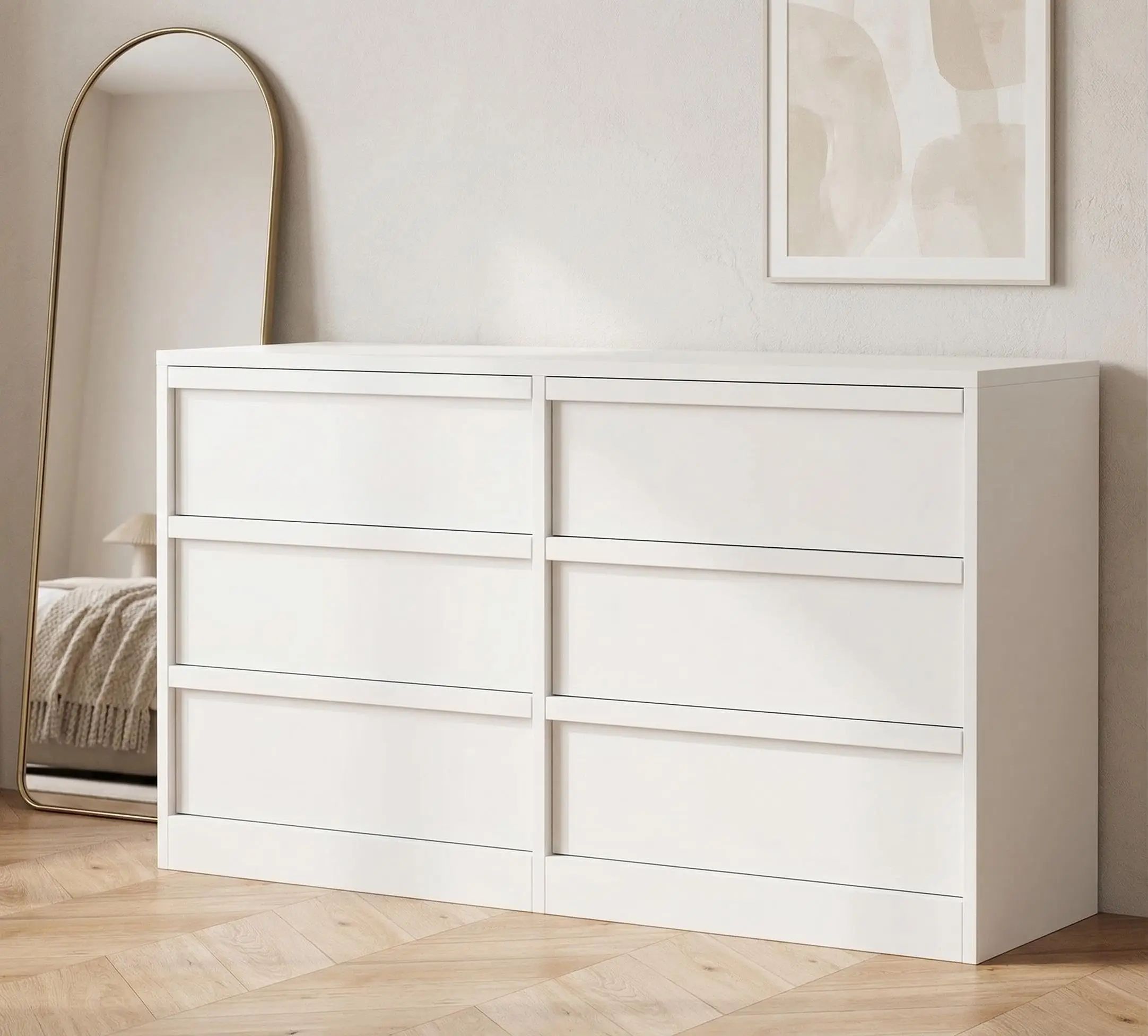 6 Drawer Dresser for Bedroom Wooden Chest of Drawers with Large Storage 47" Freestanding Horizontal Double Dresser Cabinet for Nursery/Entryway/Living Room - Antique White/Natural Oak image 3