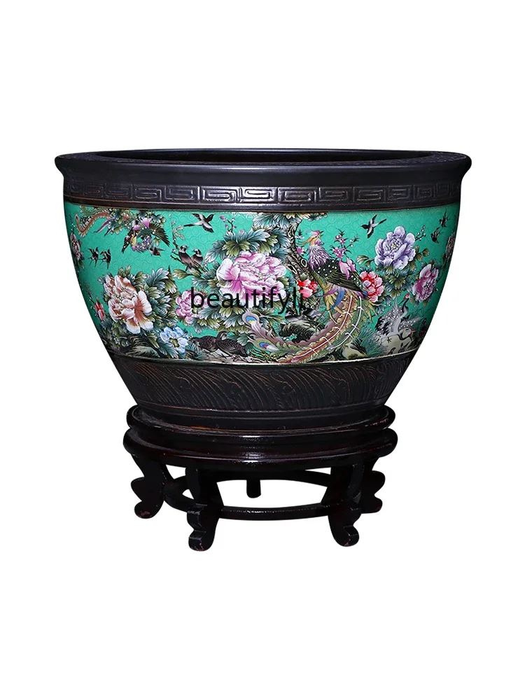 Ceramic Large Fish Tank Living Room Lotus Flowerpot Courtyard Water Tank Home Painting and Calligraphy Tank Decoration