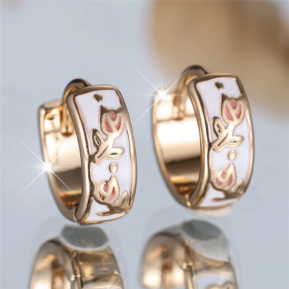 Cute Female Pink Enamel Flower Hoop Earrings Fashion Gold Color Wedding Jewelry For Women