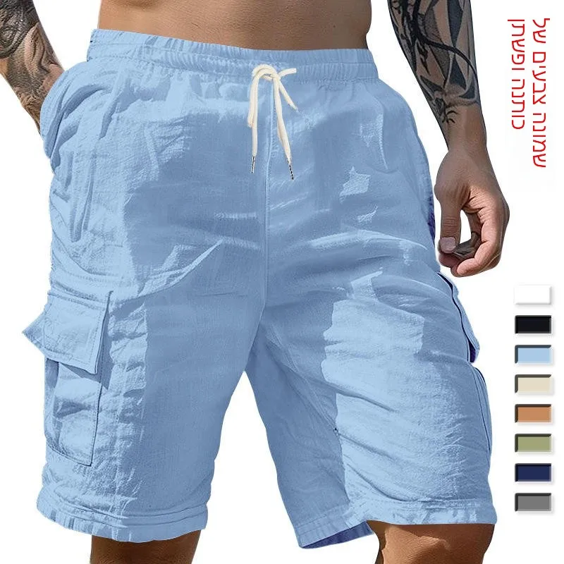 

Мужские повседневные дышащие льняные шорты для глубоких приседаний, медленного бега, пляжного отдыха, с множеством карманов, свободные, рабочие, летние, укороченные брюки (до колена)