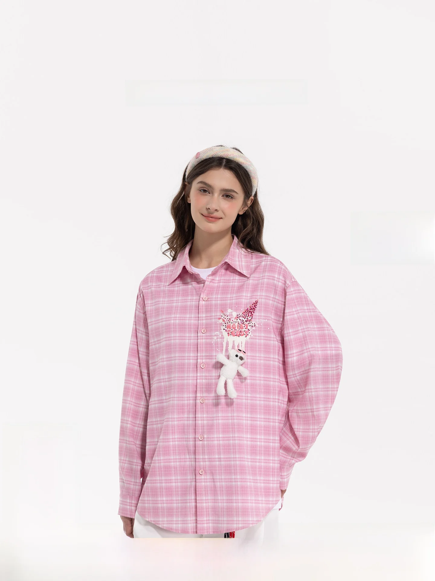 

Женская рубашка Noisy Teddy 2026 Spring Sweet с длинным рукавом, в клетку, с 3D-медведем, универсальная, повседневная, свободного кроя, из смесового полиэстера