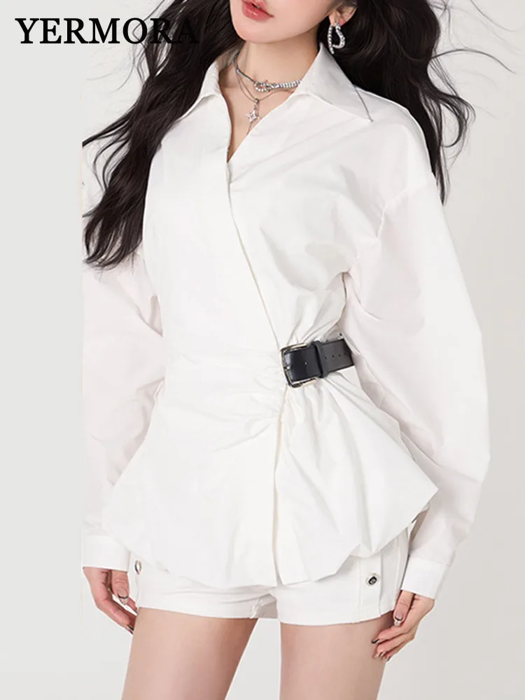 

YERMORA White Asymmetric Belt Pleated Casual Blouse For Women Lapel Long Sleeve Loose New Shirt Fashion Tide Spring Autumn 2025