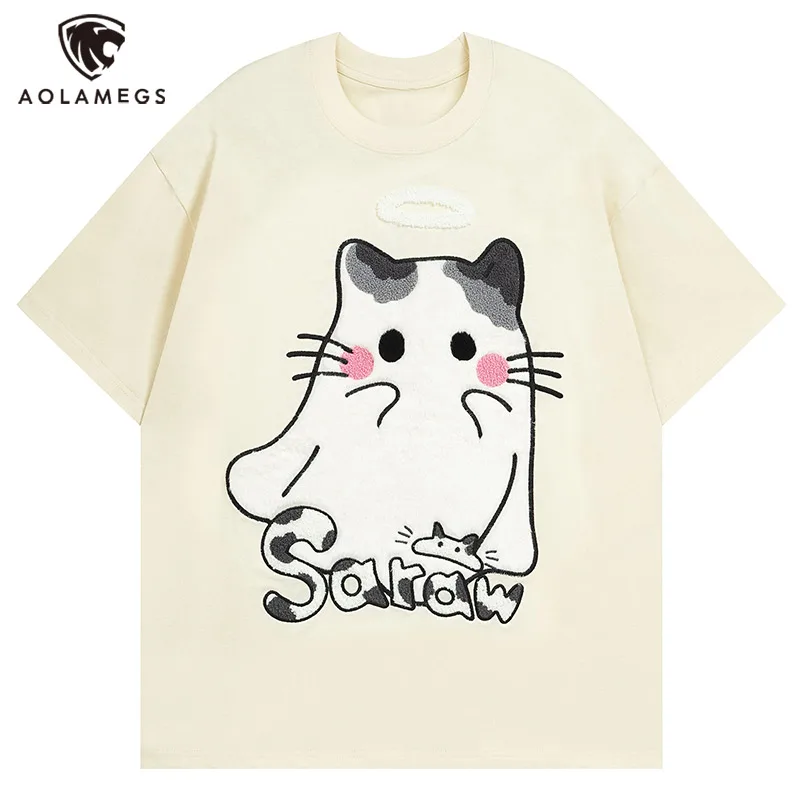 

Aolamegs Men T Shirts Cute Cartoon Cat T Shirt Youthful Preppy Style Short Sleeve Tees Y2k Japanese Casual Cotton Couple Tops