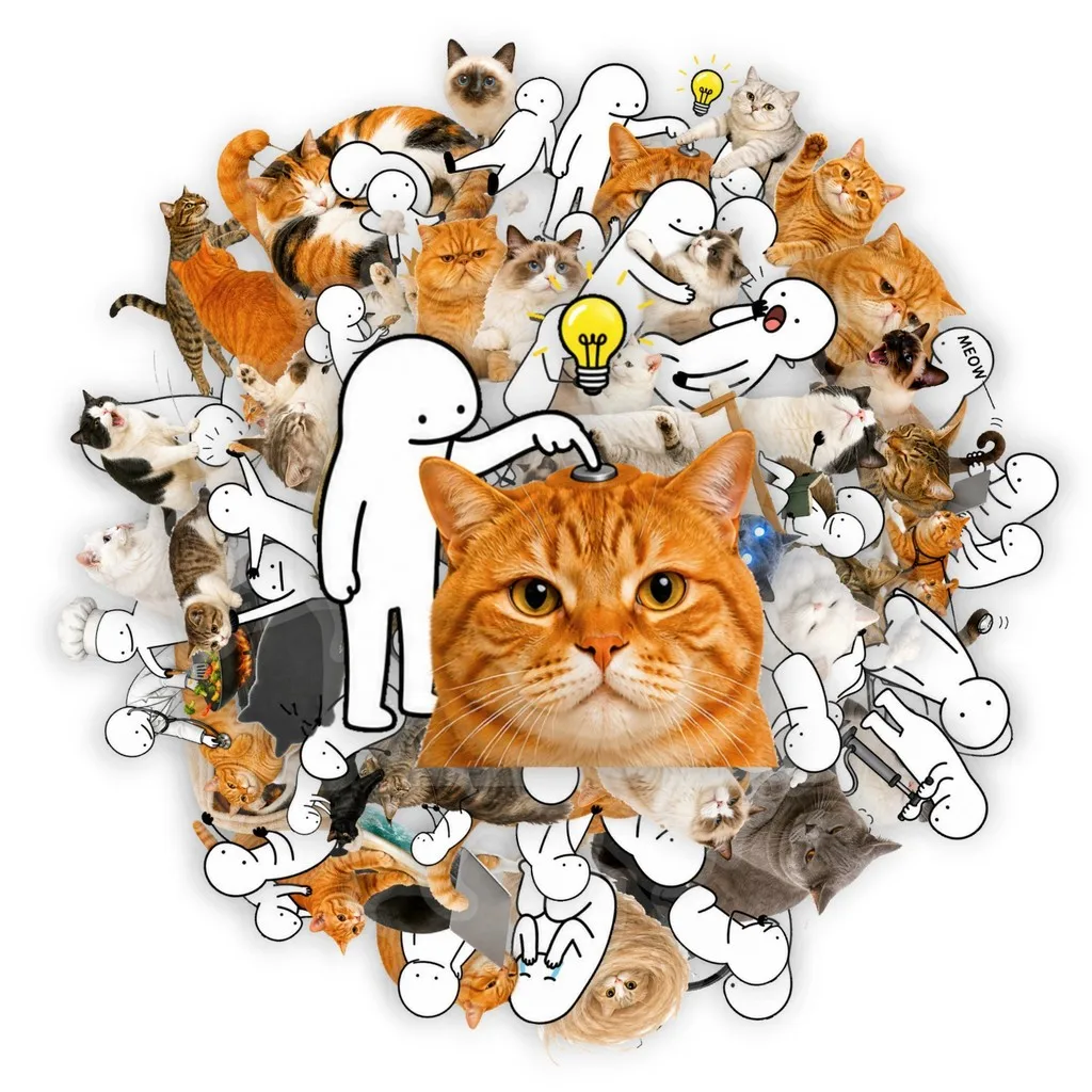 Goofy Human & Feline Meme Sticker Pack 50 Sheets, Transparent PET Cute Pet Graffiti Stickers for Scrapbook Giajar Sticker Store