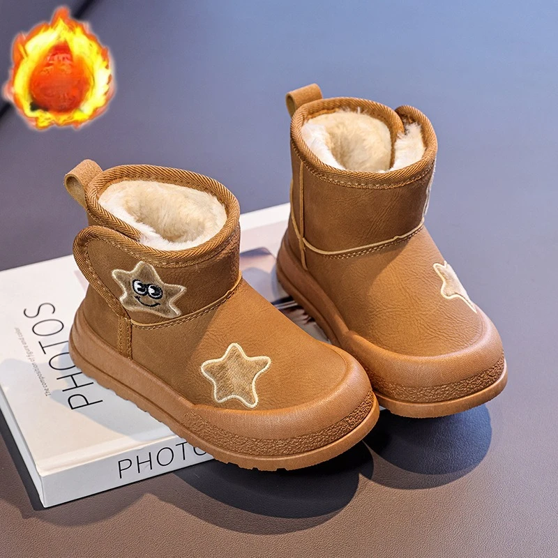 الأطفال أحذية بوت قصيرة أصابع توج لينة وحيد الاطفال الأحذية الجلدية هوك وحلقة 2025 شتاء جديد الفتيات حذاء من الجلد سميكة الفراء لطيف نجوم #2