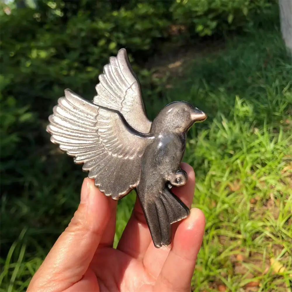 Natural Silver Obsidian Bird Carving Animal Healing Mineral Polished Home Decor Ornament Figurine for Stress Relief