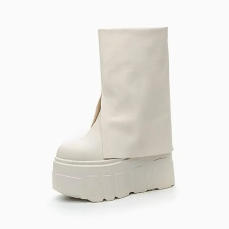14cm Slip on Ankle Booties Shoes Platform Wedge Ladies Fashion Autumn Winter Botas Genuine Leather Boots Women Motorcycle Boot