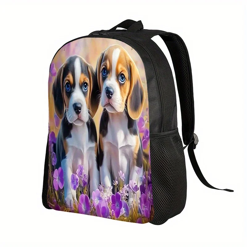 

1 Beagle Puppy with Floral Pattern Backpack - Cute Beagle Printed School Bag with Adjustable Shoulder Strap, Zip Closure
