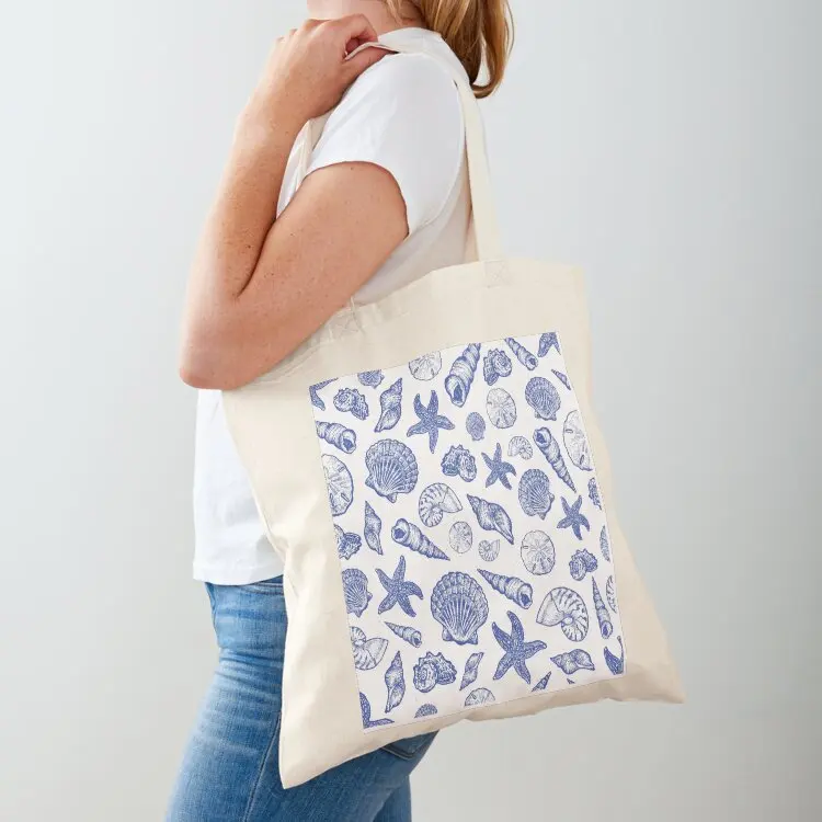 

Blue Seashell Print Tote Bag shopping trolley bag cute pouch bag Gift bags Women's beach bags