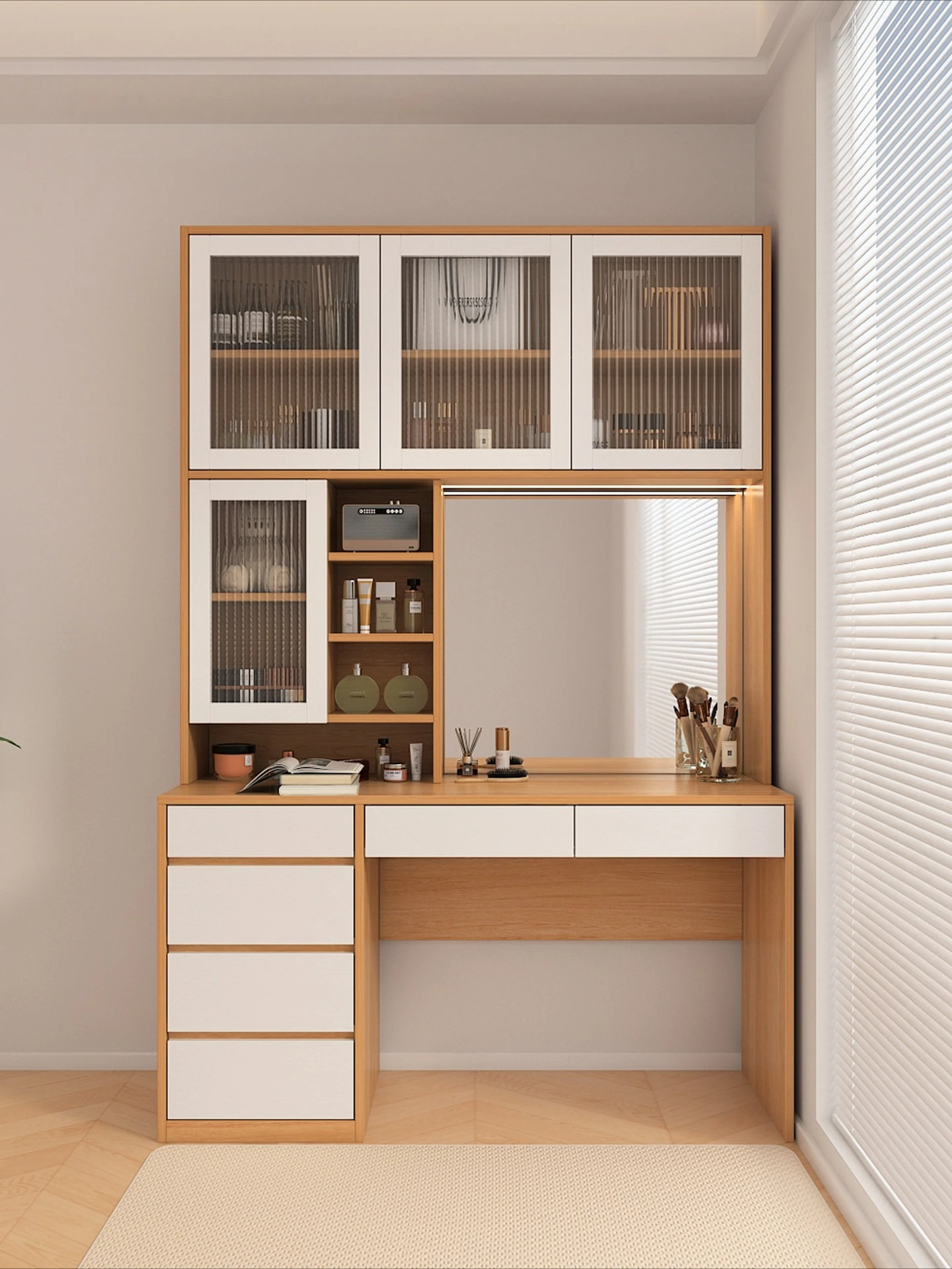 

Modern simple bedroom dresser desk 2-in-1 solid wood makeup table dresser bedside storage cabinet locker