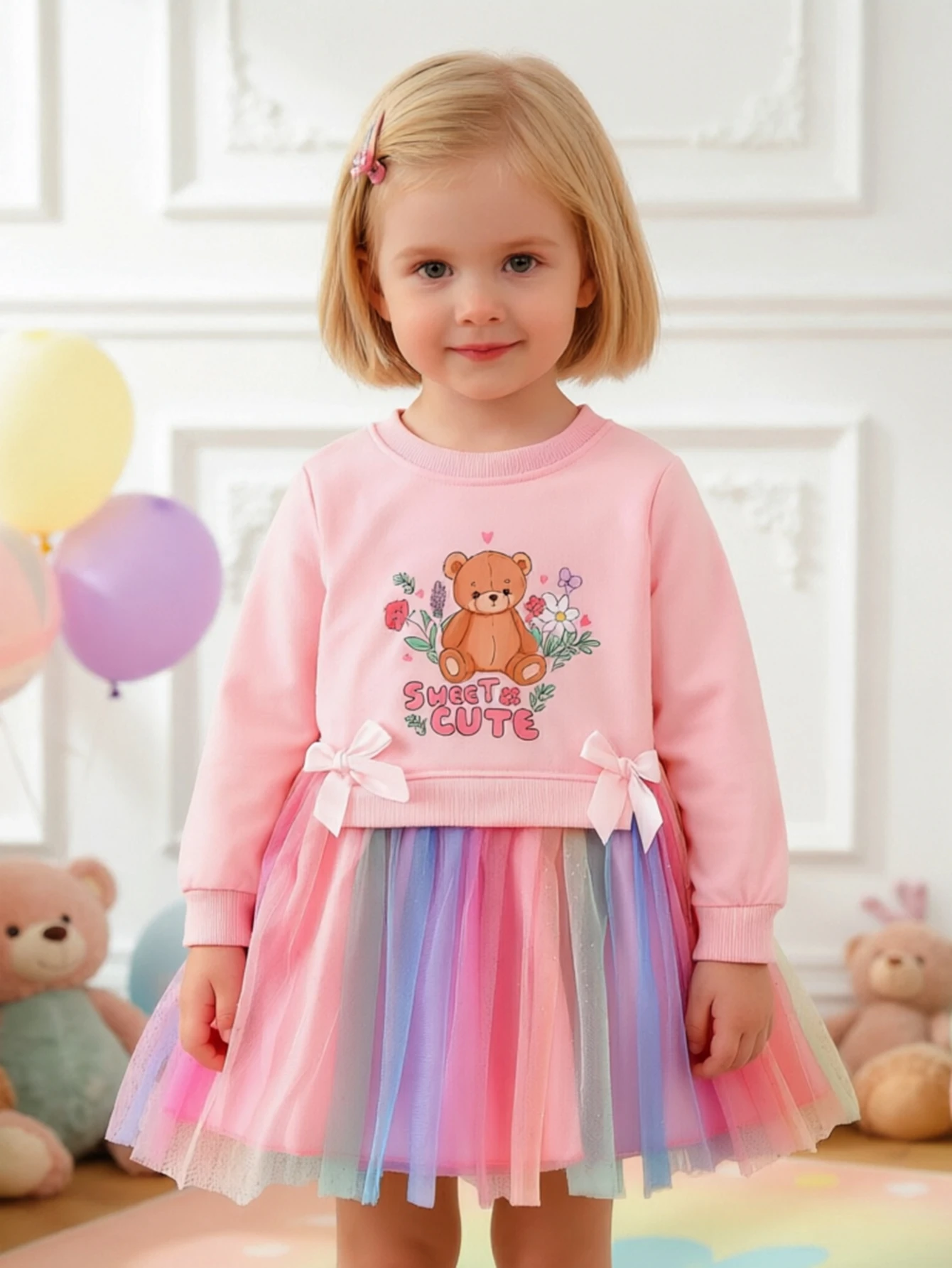 Cartoon-Bär bedrucktes Prinzessinnenkleid mit Regenbogen-Mesh und langen Ärmeln, Schleifenknoten, Frühlings- und Herbstkleid für Mädchen, süß und lieblich. – Detail 1