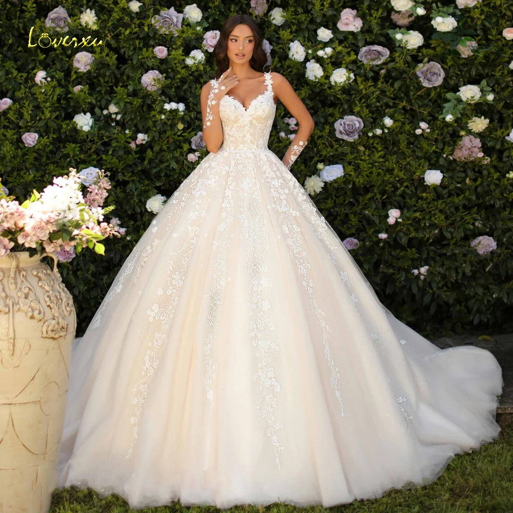 

Loverxu Ball Gown Princess Wedding Dresses Sweetheart Spaghetti Straps Vestido De Novia Lace Appliques Custom Made Bridal Gown
