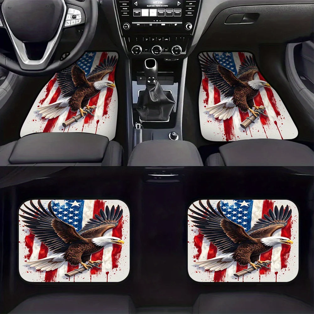 4pcs Car Mats Presenting Majestic Eagle Freedom Motif, Ideal For SUVs Or Trucks, Offering Convenient Cleaning Benefits And New C