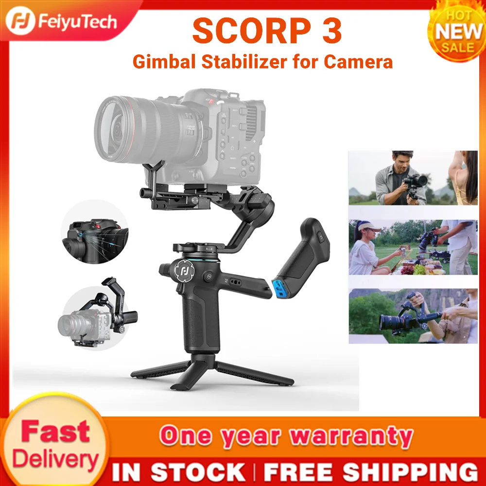 SCORP 3 짐벌 스테빌라이저 FeiyuTech (카메라용), 내장 AI 추적 센서 및 탈부착 가능한 리모컨, 3.5KG, 페이로드,-