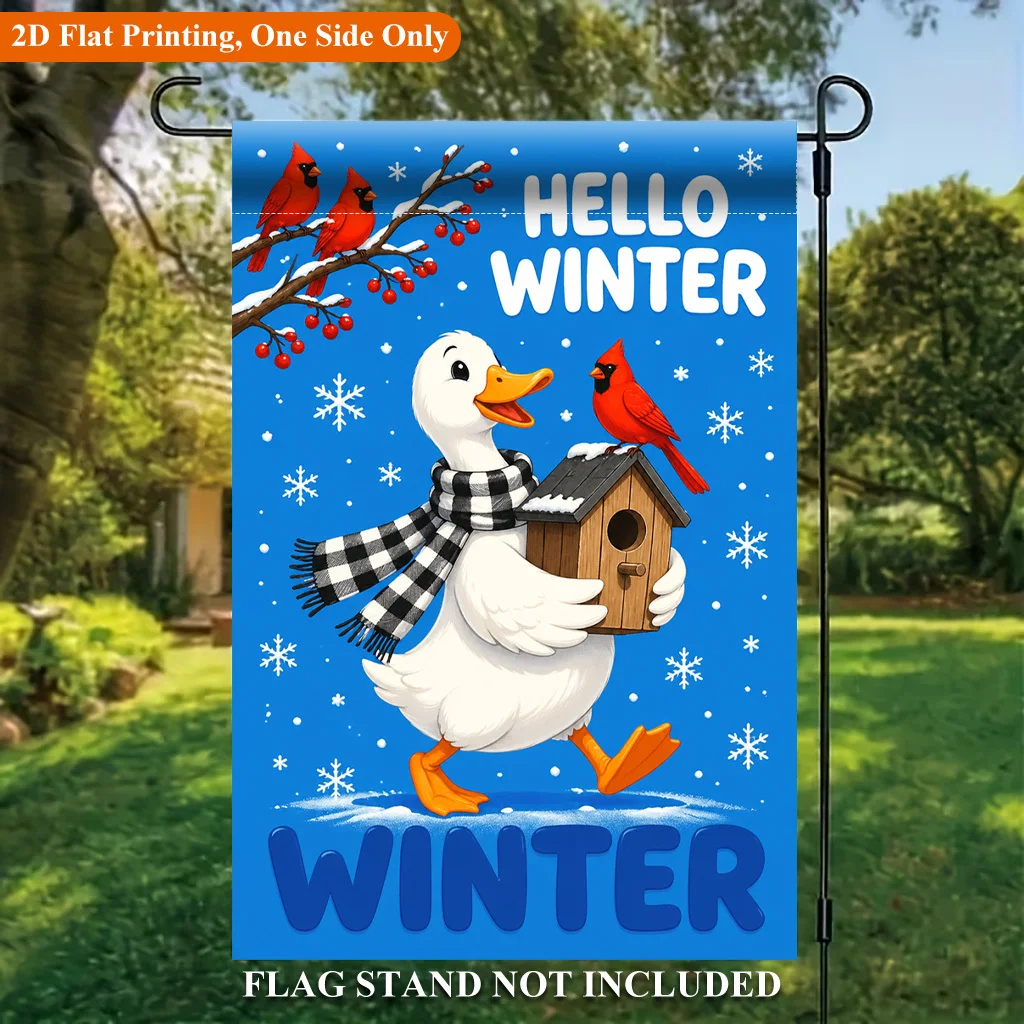 2D Flat Garden Flag 1 Piece, Winter Duck Happy Walk Holiday Yard Outdoor Flag for Outdoor Home and Yard Holiday Decoration, Valentine's Day, Mother's Day, Easter, Christmas, Thanksgiving, Halloween, Flagpole Not Included (Flag Only)