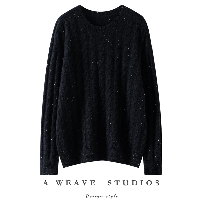 Autumn Winter Daily Womens Sweater 100% Cashmere Pullover Warm Clothes Thicked O-Neck Sequin Twisted Flower Saddle Shoulder Knit