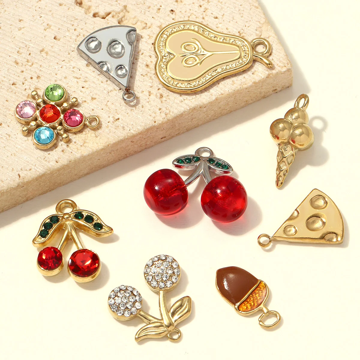 3pcs/Lot Stainless Steel Resin Cherry DIY Bracelet Charms Cheese Ice Cream Cone Necklace Pendants Woman Hazelnut Shoe Accessory