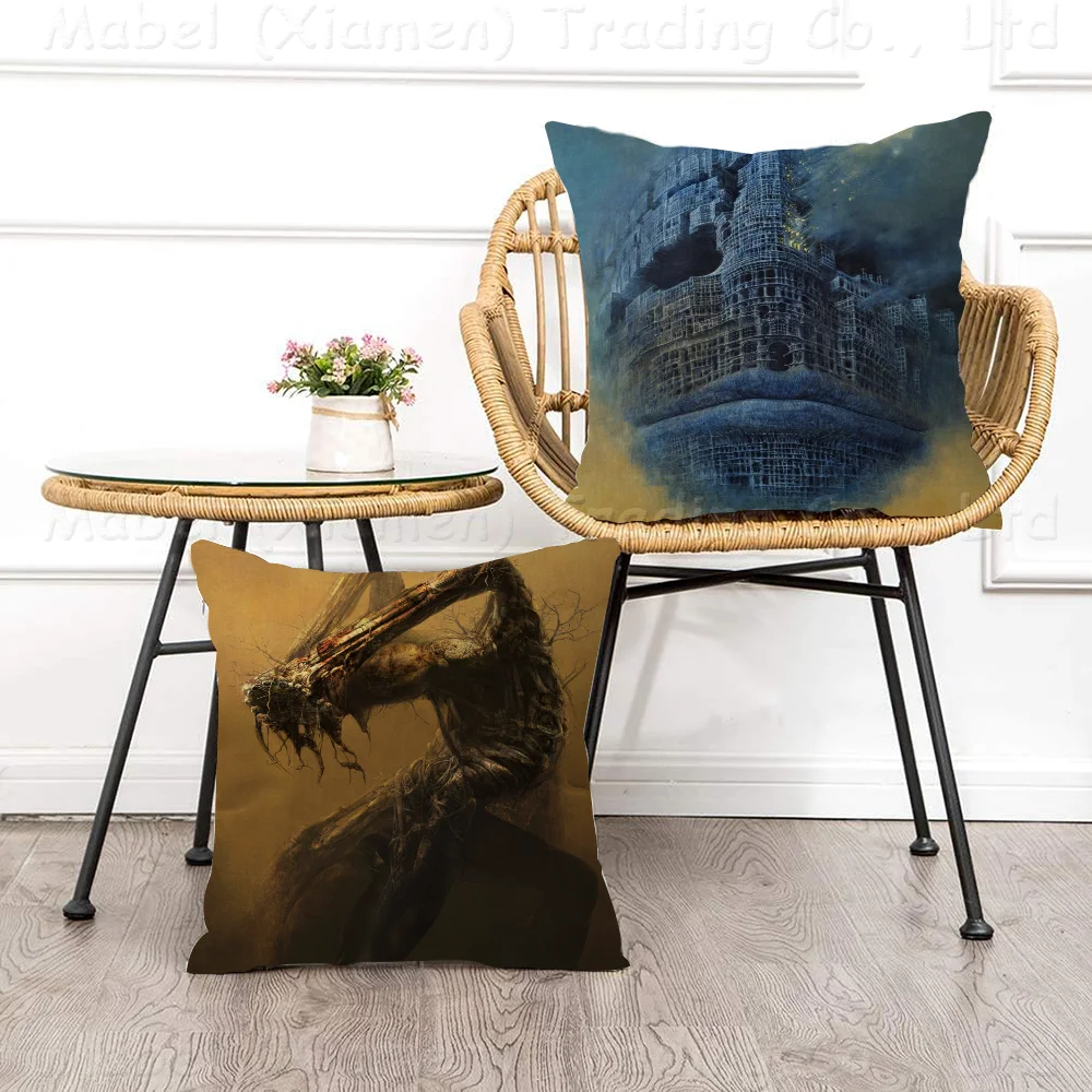 Famous Surrealism Artworks By Zdzislaw Beksinski Maple Design Cushion Cover Autumn Harvest Decor Holiday Decorati Pillow Cover