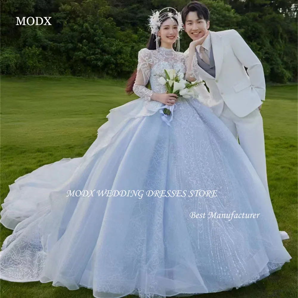 

MODX Роскошное синее бальное платье Свадебные платья с длинными рукавами и высоким воротом Кружевные свадебные платья Садовое праздничное платье Корсет на спине Принцесса