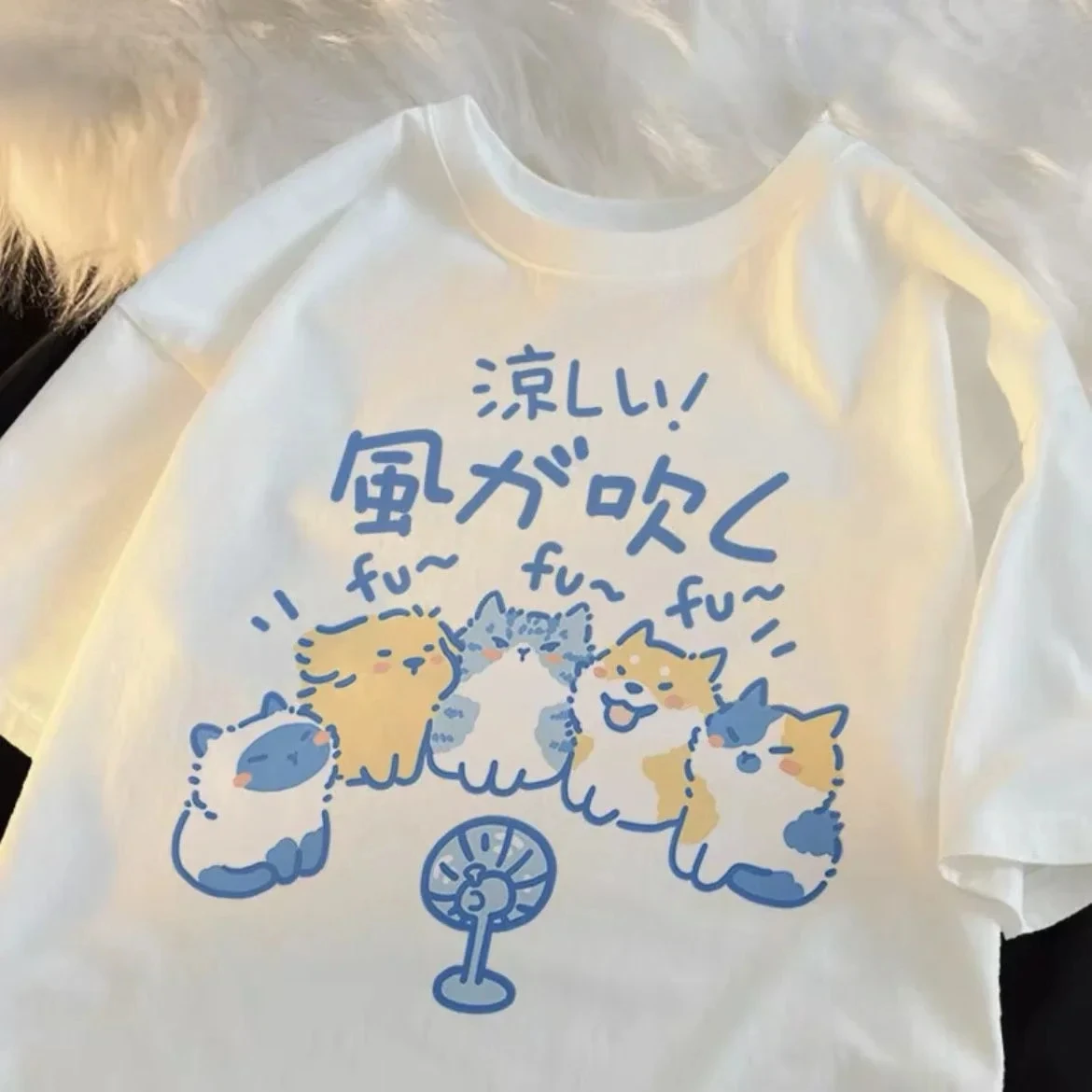 

Japanese Short Sleeved T-shirt Summer Cotton New Top Tshirts Women Cute Cool Wind Cat and Dog Print TShirt Loose Fashion Top Tee