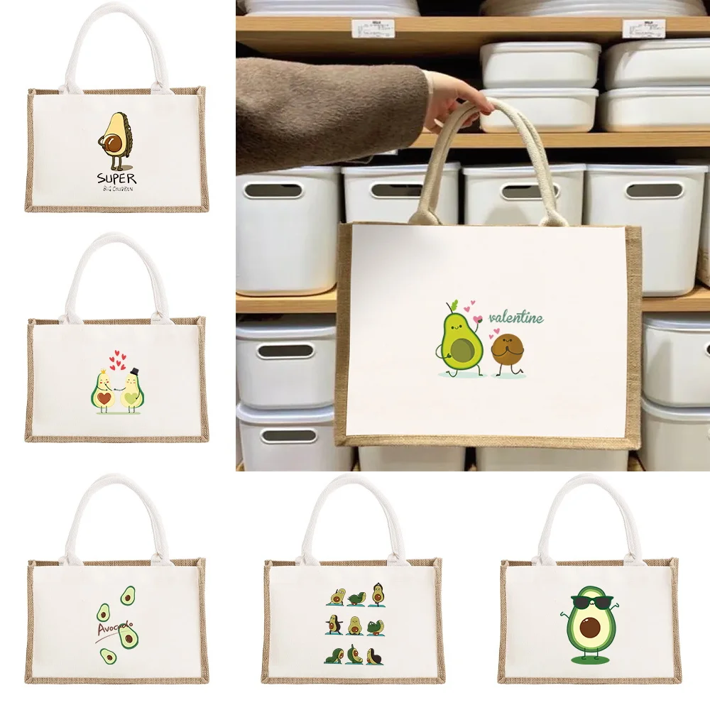 

Tote Bag Environmental Jute Shopping Bag Portable Large Capacity Beach Bag Lightweight Grocery Storage Bags Avocado Pattern