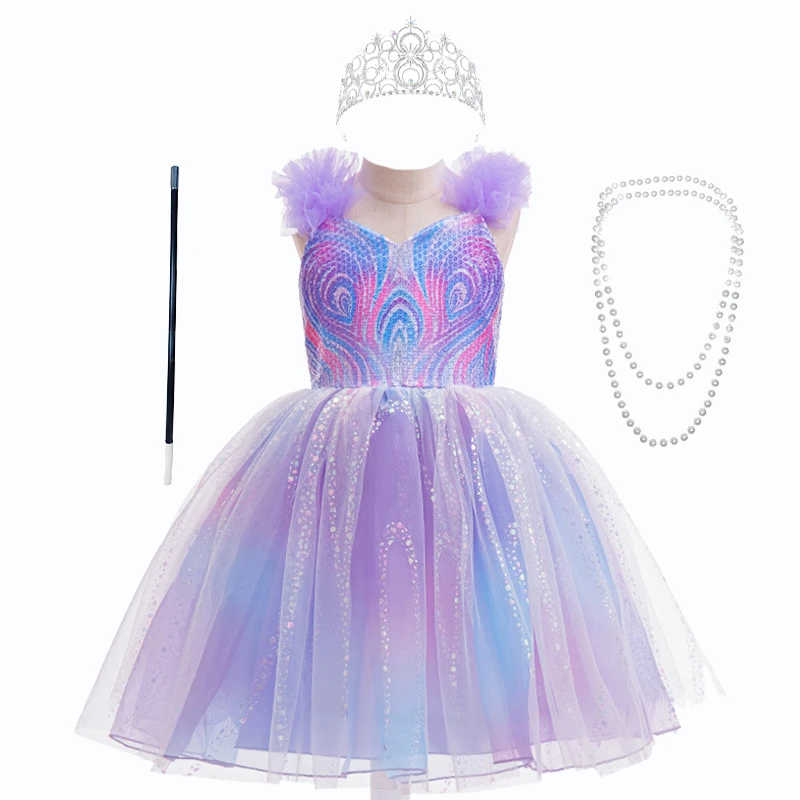 Vestido de Cosplay de Glinda para niñas, disfraces de bruja malvada para niñas, disfraz de princesa, disfraz de cos, vestido morado con lentejuelas para niños