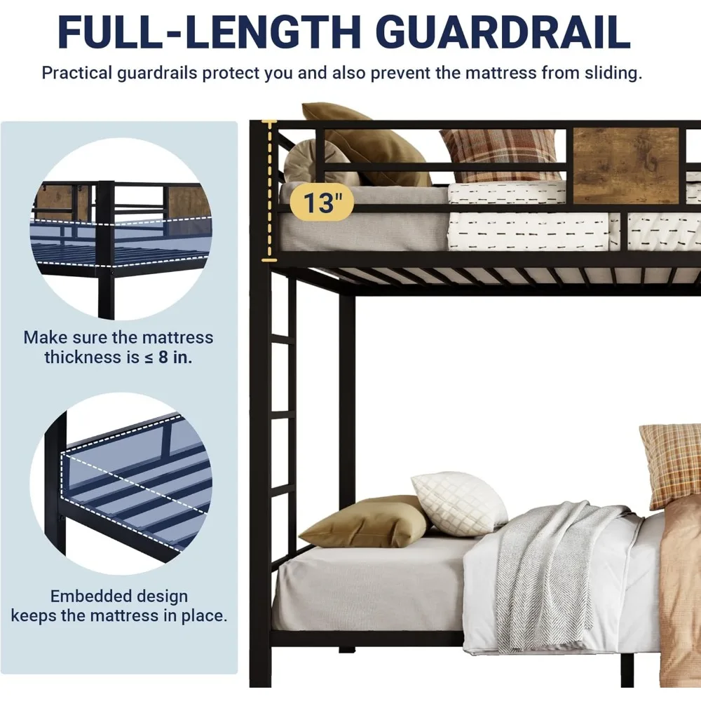 سرير بطابقين مزدوج مع إطار معدني، تصميم مدمج، تشغيل صامت، أسود