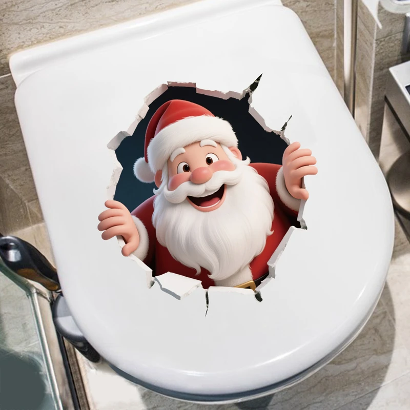 1Sheet Christmas Toilet Sticker Stereo Santa Claus Reindeer Break-Through Wall Decal New Year Navidad Party Home Bathrooms Decor