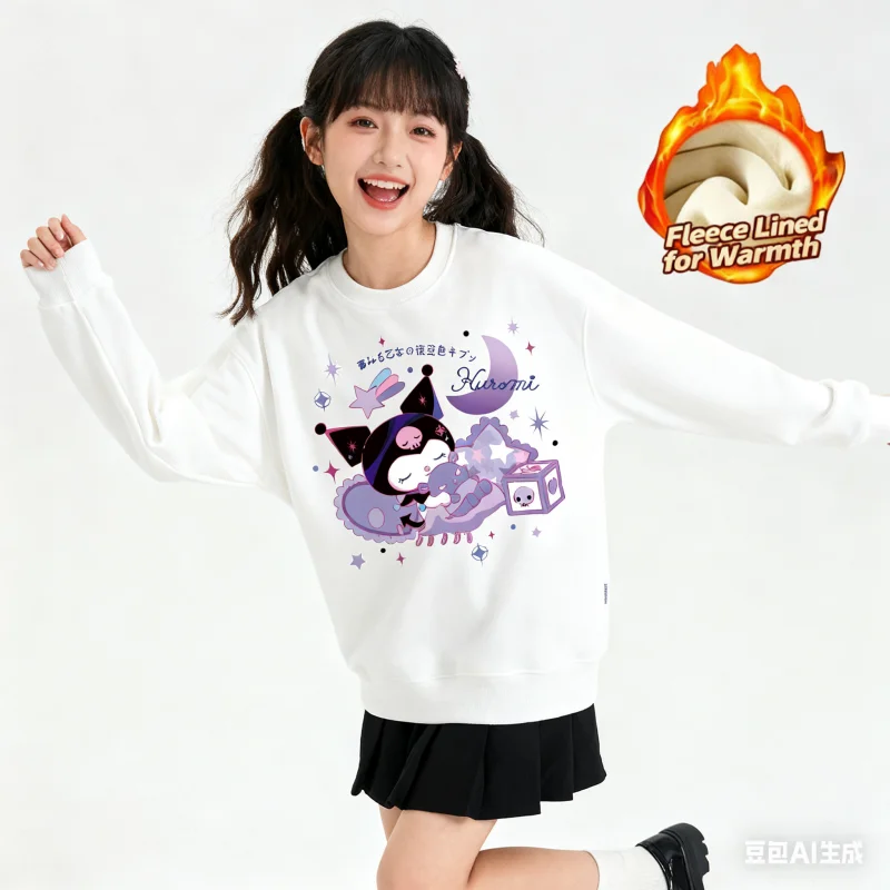 تي شيرت بأكمام طويلة ورقبة دائرية مطبوعة من سلسلة سانريو 2025، تي شيرت لطيف ودافئ مبطن بالصوف برقبة دائرية وأكمام طويلة، 100% قطن #1