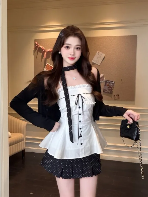 

Sweet Style Lace Trim Halter Top And High Waist Polka Dot Short Skirt Set plus Size Women's Summer New Fashion Korean Version